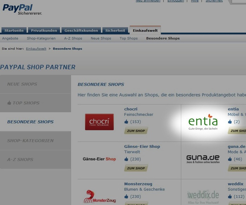 entia ist bei Paypal als "besonderer Shop" gelistet.